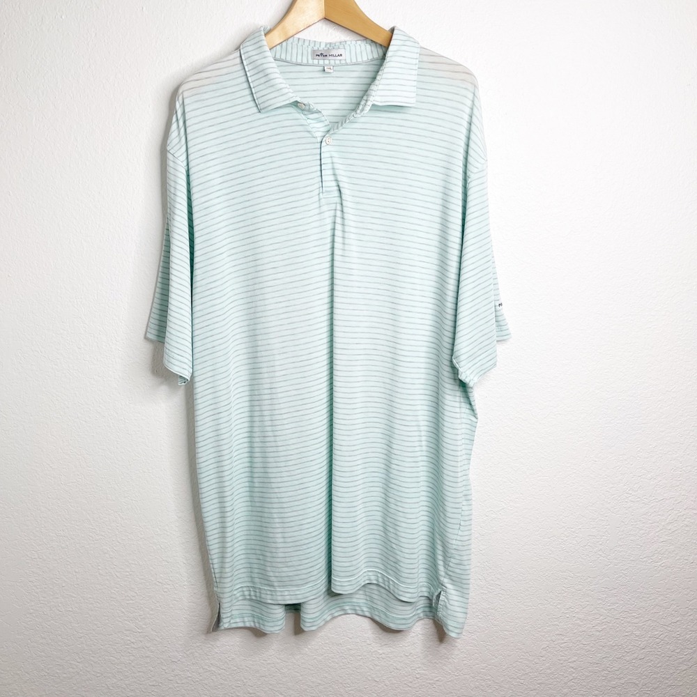 Peter Millar Mens XXL Striped Polo Shirt Mint Green Grey Nucor Logo Performance